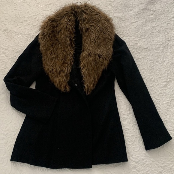 Black faux fur jacket blazer size S removable‎ fur black brown classic elegant - Picture 1 of 12